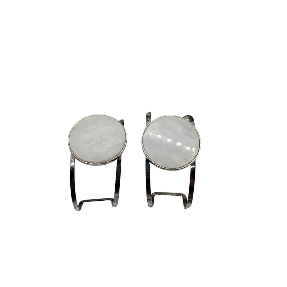 Modern Silver Tone Marbled White Enamel Split Shank Cuff Bracelets Pair